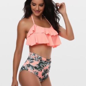 🦋 3/$15 Coral Halter Floral Design High Waisted Bikini Set